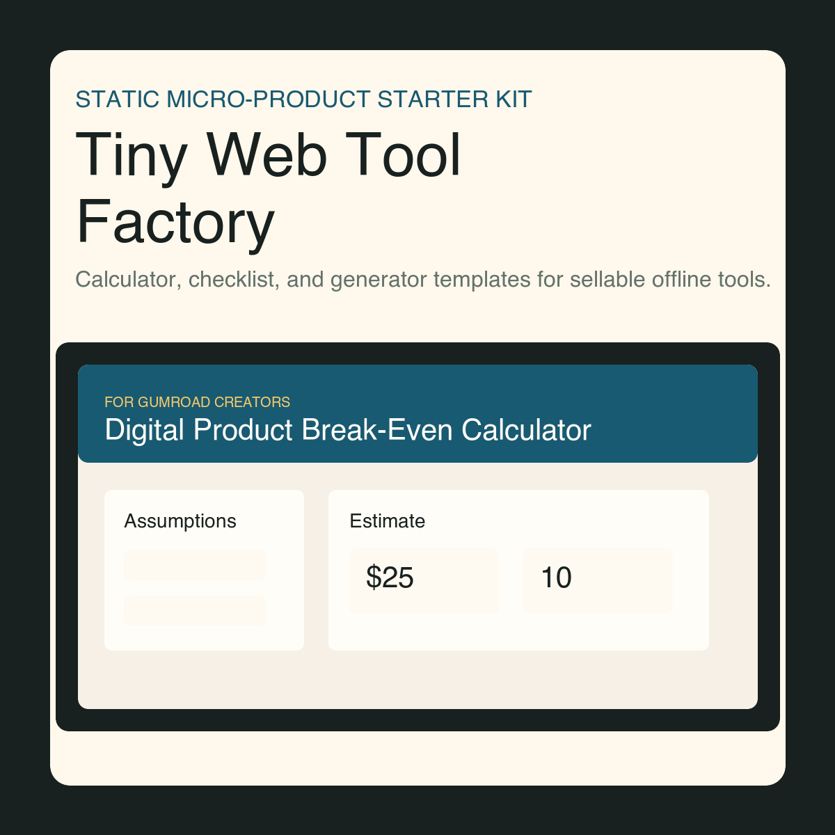 Tiny Web Tool Factory cover artwork showing the actual generated calculator interface